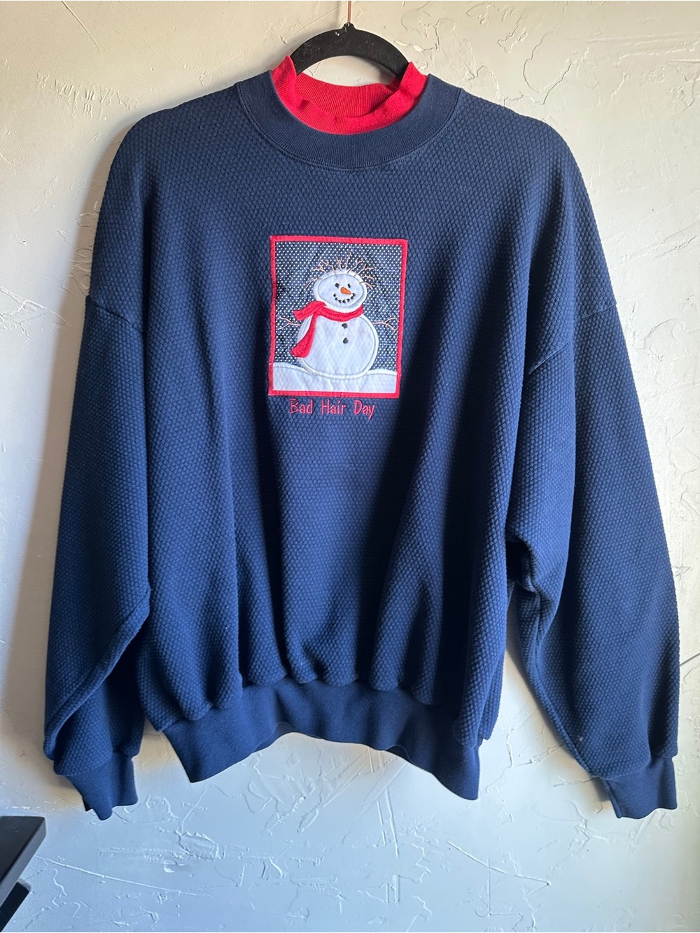 Vintage McEnergy Snowman Waffle Knit Sweatshirt XL 90s Navy Blue Holiday Novelty